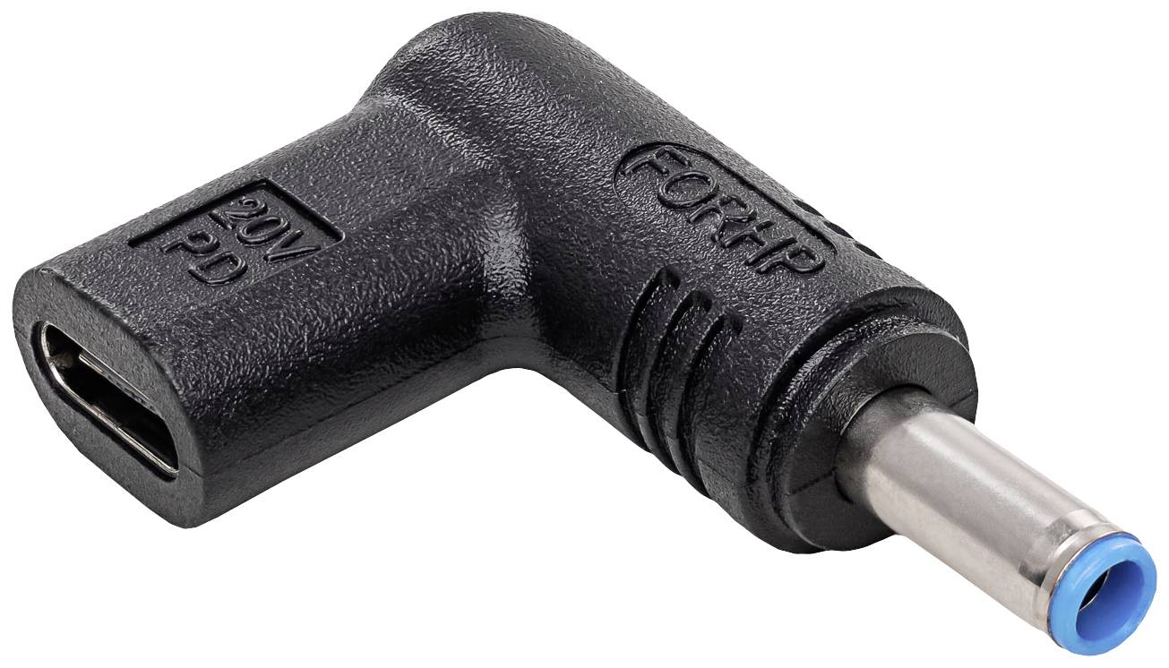 A black angled adapter with a USB-C socket and blue plug end, marked with '20V PD'. Connects USB-C to round pin plug.