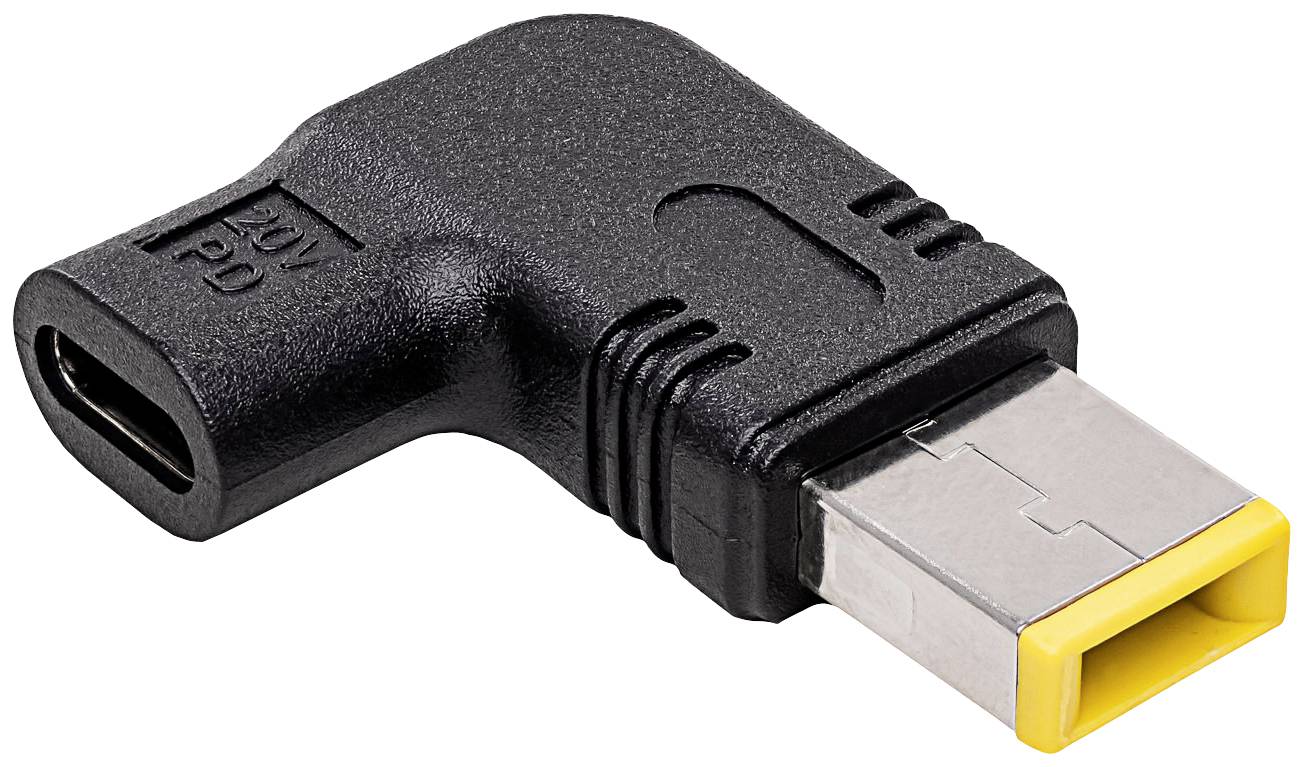 A black USB-C adapter with a right-angle connection, yellow accent, and '20V PD' printed on the top surface.