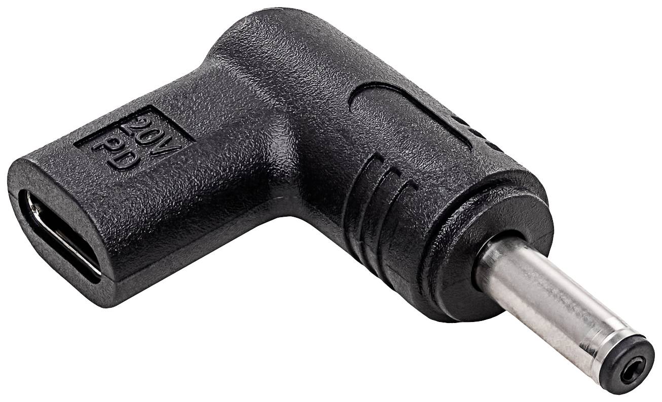 A black adapter with a USB-C port on one side and a cylindrical plug on the other side.
