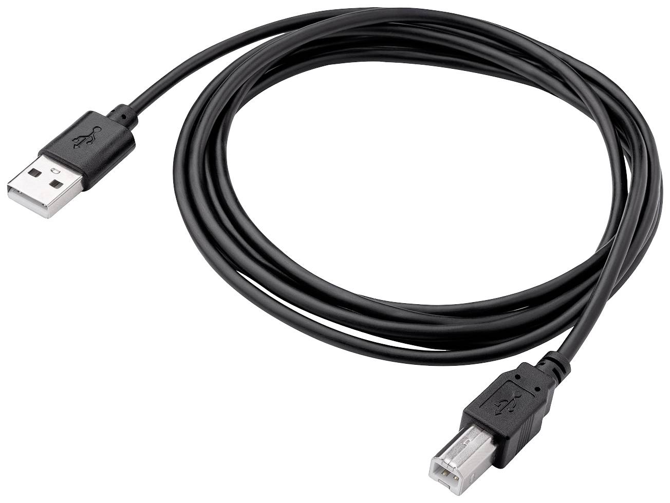 A black USB cable with a USB-A plug on one side and a USB-B plug on the other.