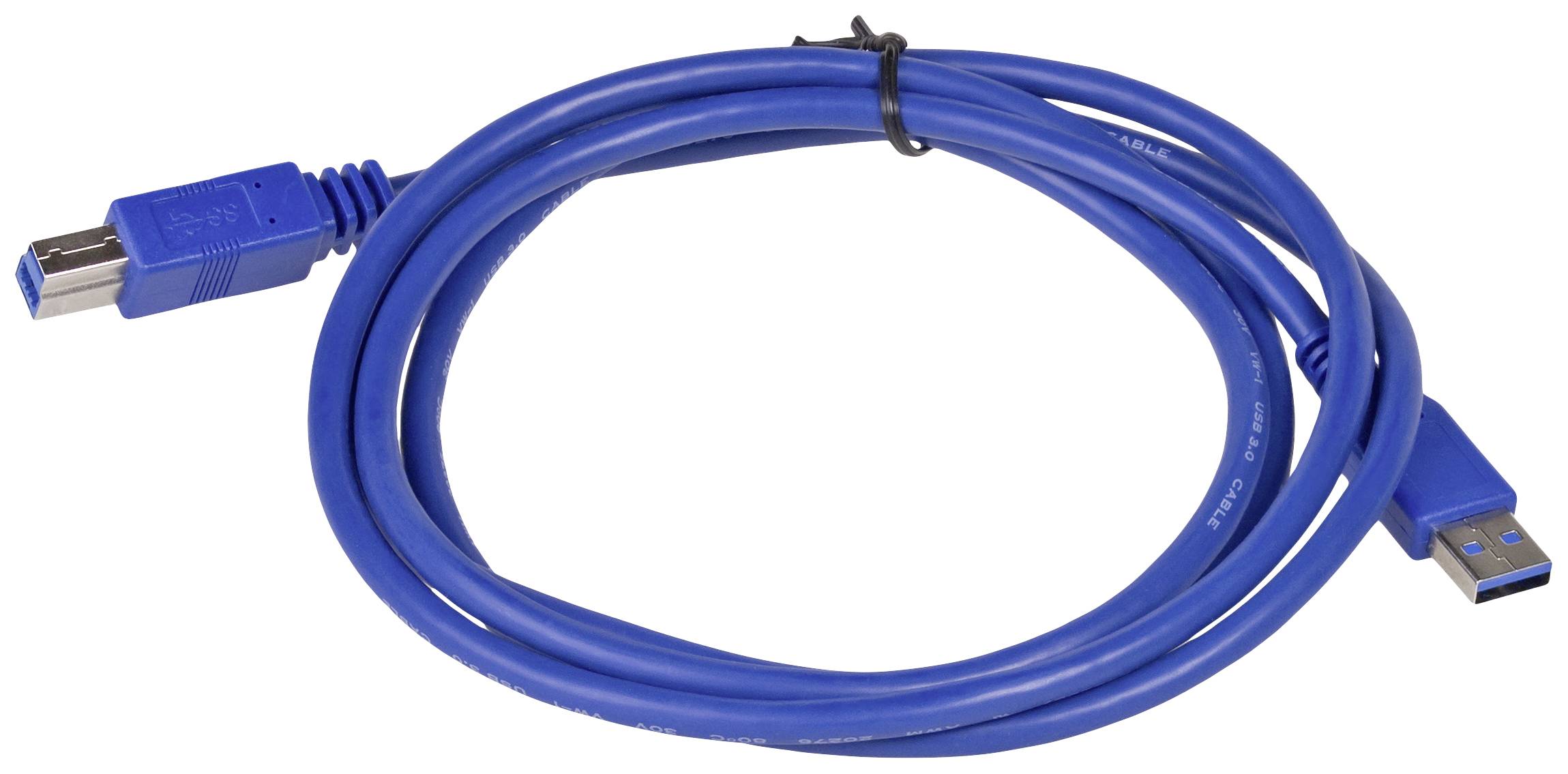 Blue USB cable, both ends visible, one with a USB-A plug and the other with a USB-B plug. For computer connections.