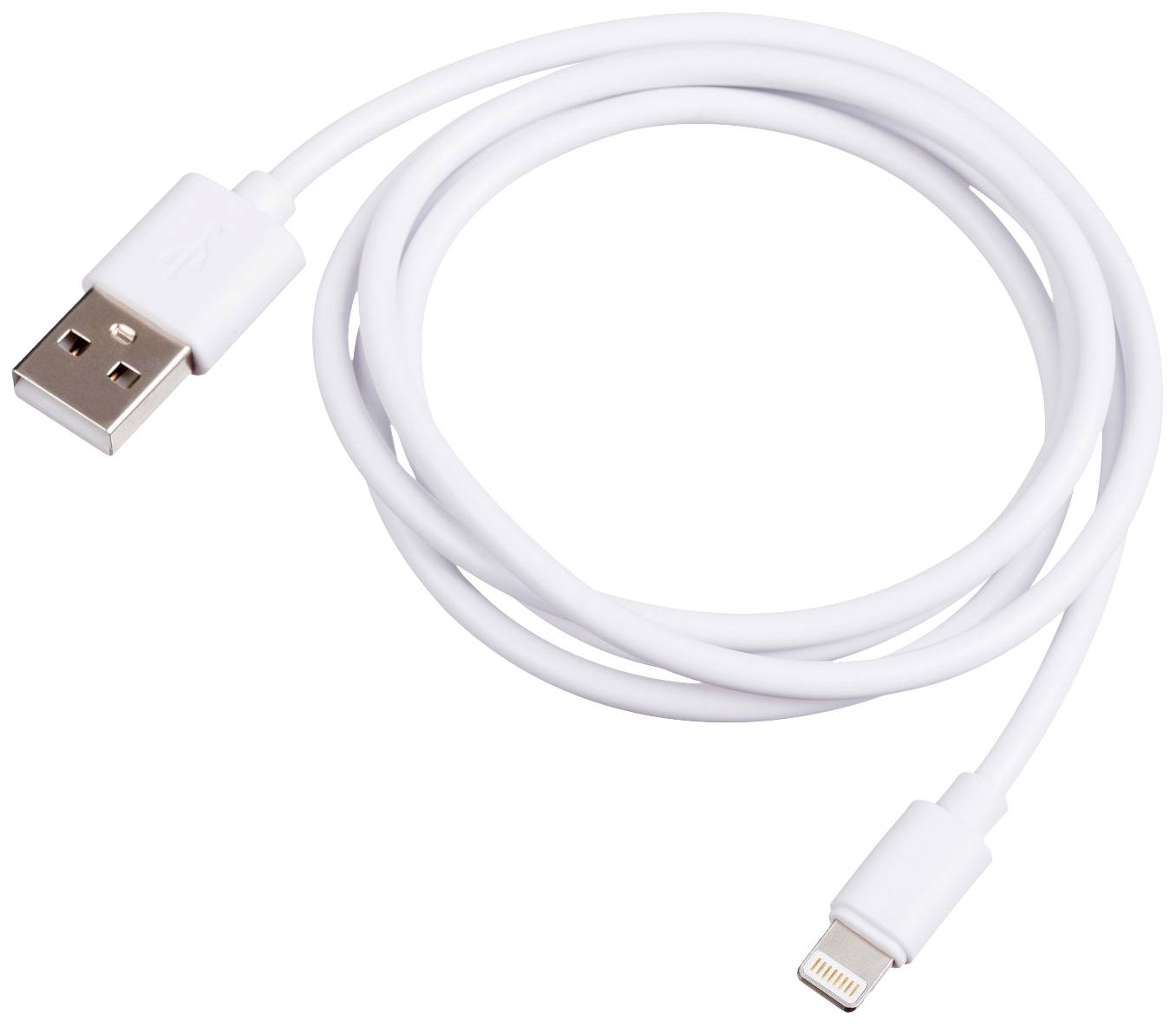 White USB cable with a standard USB plug on one end and a Lightning plug on the other, coiled up.