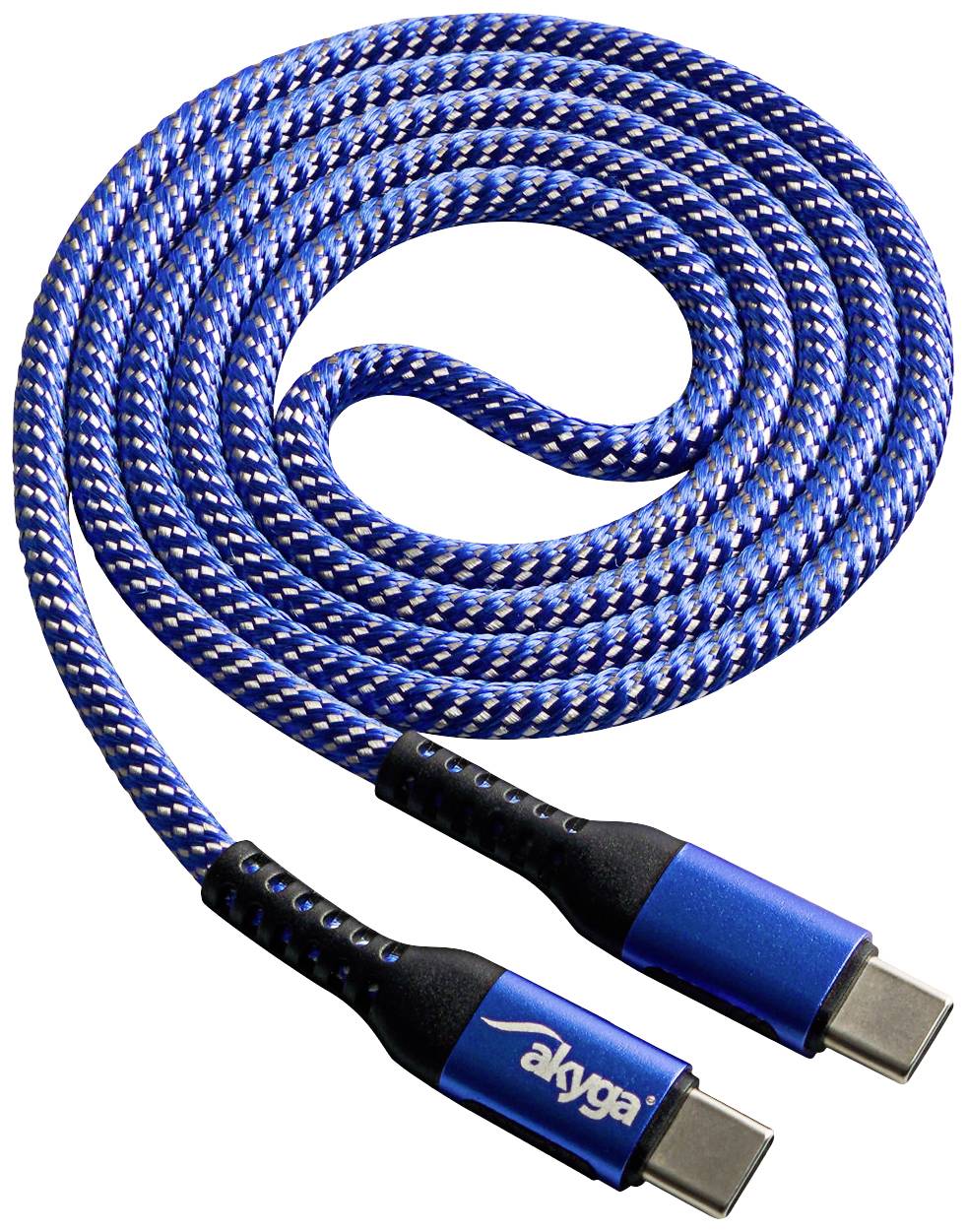 A blue USB-C cable with a braided design, 2 metres long, suitable for fast charging and data transfer.