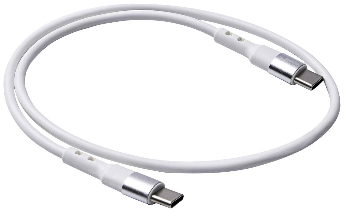 A white USB-C cable with connectors at both ends. It is coiled up, ready for use in data transfer or charging.