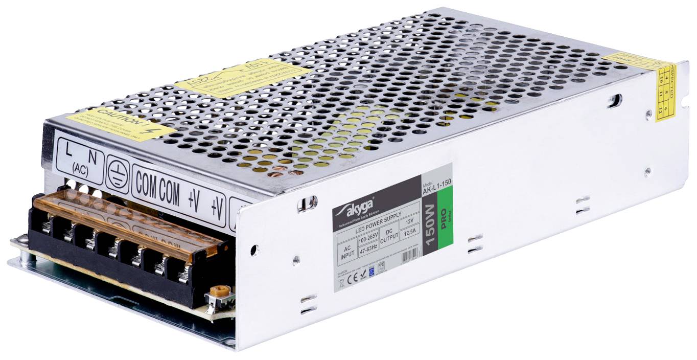 Metal power supply with ventilation slots, stickers with warning notices, and screw terminals on the front, suitable for electrical equipment.