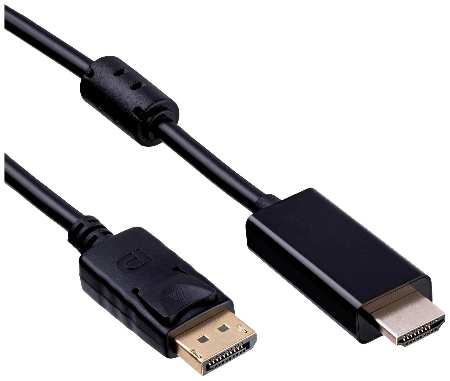 A DisplayPort to HDMI cable that connects two devices with different ports by transmitting digital video signals.