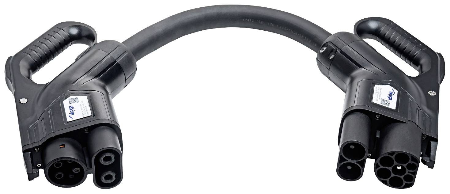Two black EV charging plugs with a cable between them, on a white background.