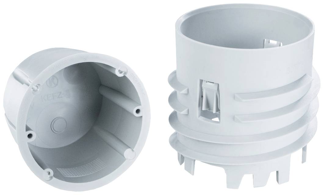 Two grey plastic flush-mount sockets, one open, the other closed. They are used for electrical wiring in walls.