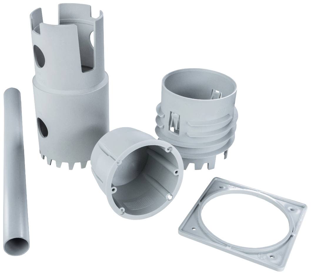 Grey plastic components in various shapes, including pipes and cylinders, which could be used for assembly or construction.