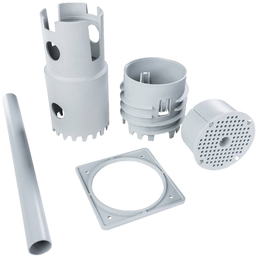 Grey plastic components of a pipe construction: cylinder, pipe, square frame, round cover with holes.