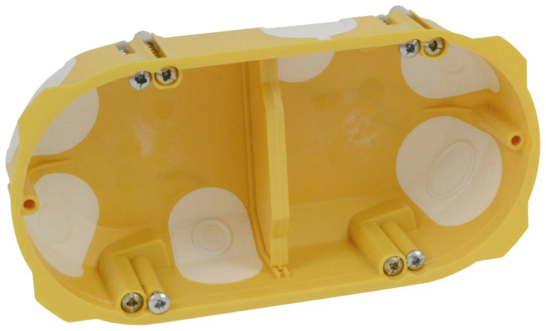 Yellow oval flush-mounting socket with multiple screw holes and white markings, suitable for cable routing within walls.
