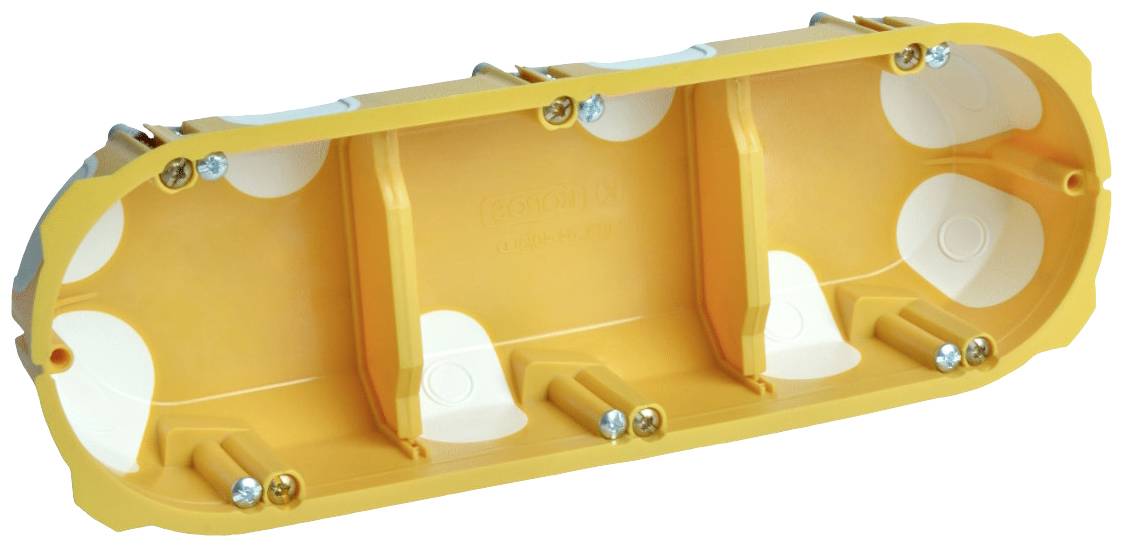 Yellow recessed electrical back box with multiple chambers and screw holes, suitable for electrical installation in interior walls.