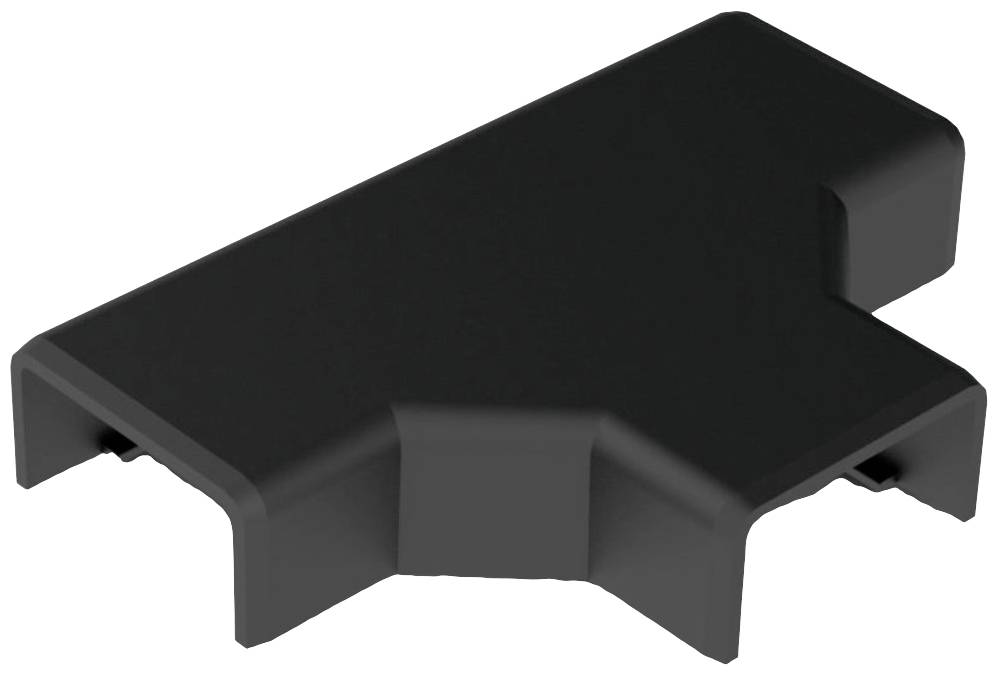 Black, rectangular, three-dimensional plastic object with angled sides and a flat top surface.