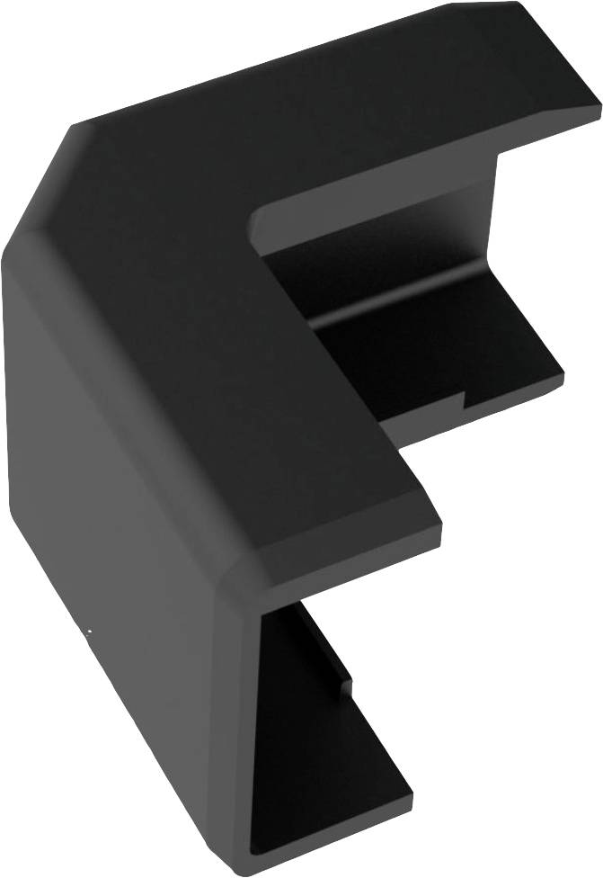 Black, L-shaped plastic component photographed from an oblique angle, possibly a connection or joining element.