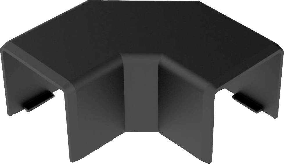 Black, square plastic component with three angled sides, each featuring clips for attaching to other objects or surfaces.