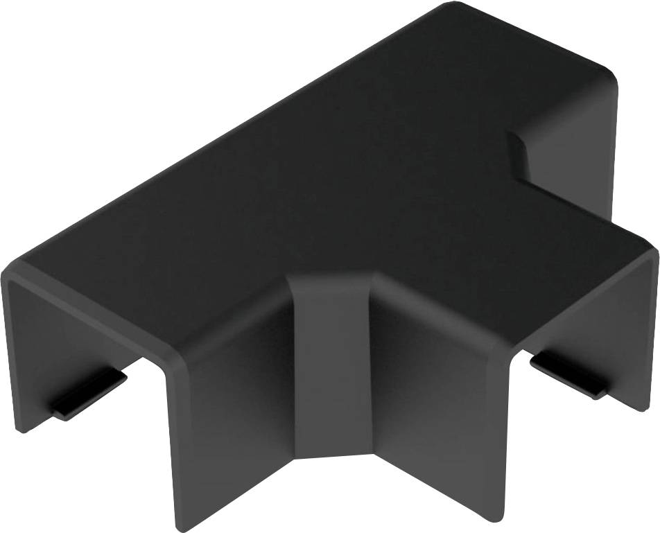 Black, T-shaped plastic component; used as a connecting cap in furniture or construction elements.