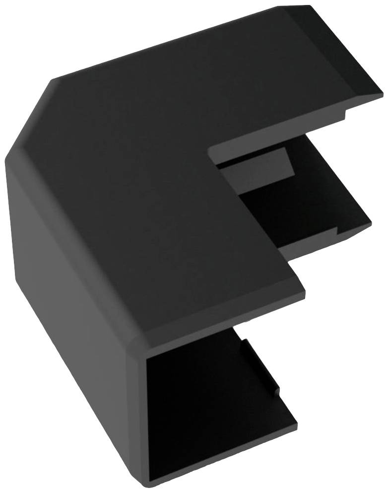 Black L-shaped plastic piece with open ends, potentially a connecting or protective component for technical applications.