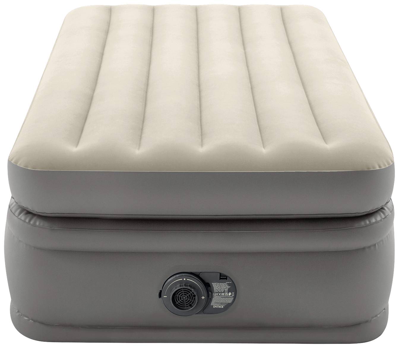 Inflatable Air Bed with Integrated Pump. Beige Velour Surface, Dark Grey Frame, Double-Layer Construction.