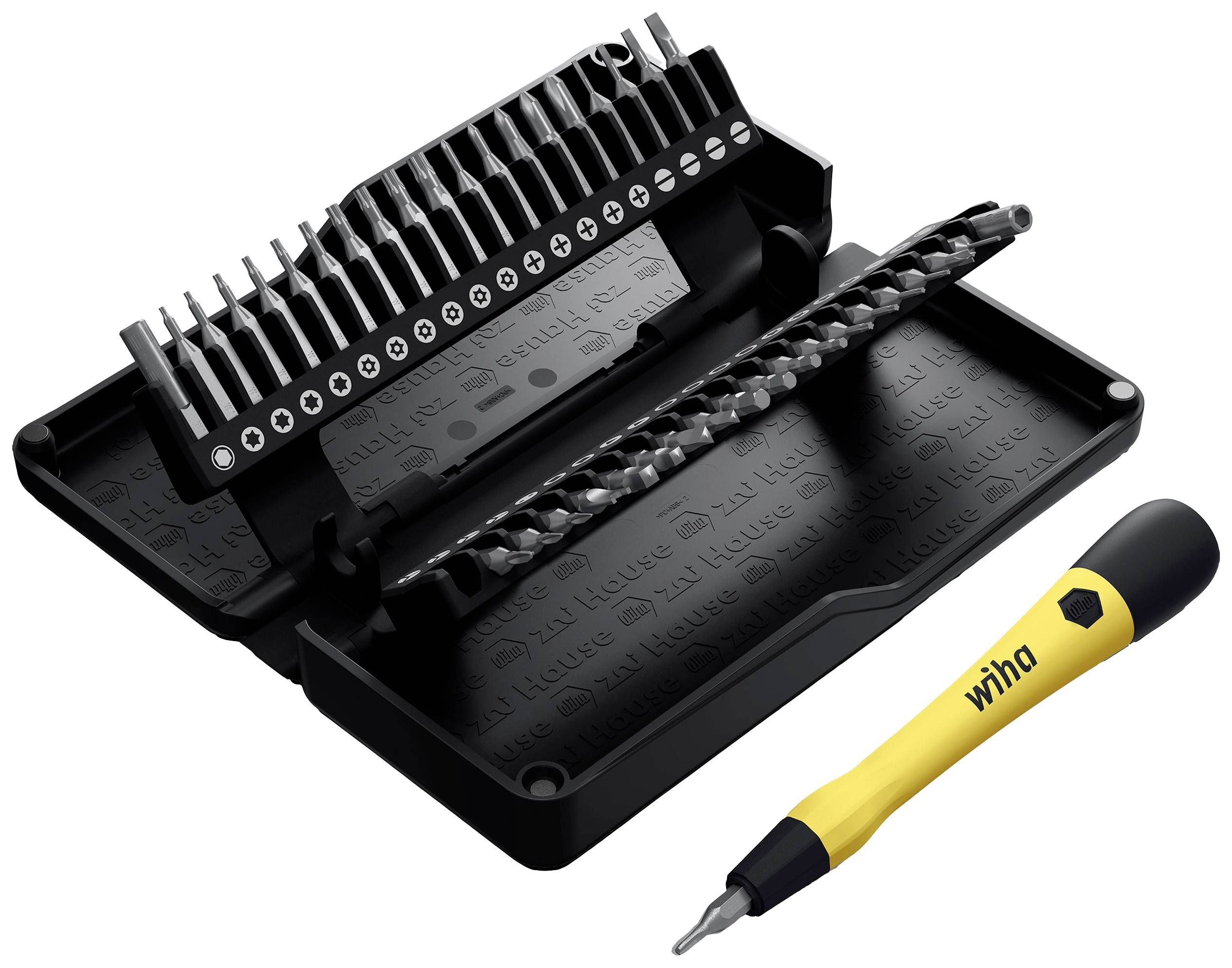 A set of screwdriver bits with a yellow and black handle. The set includes various bit types in a compact case.