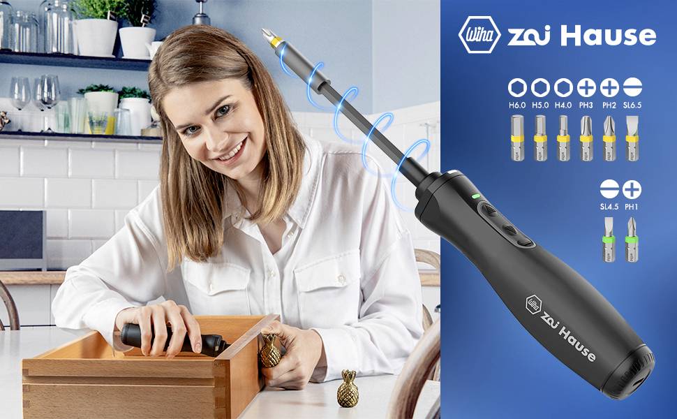 Woman uses an electric screwdriver offering various interchangeable bit sizes. Text: 'Wiha at home'.