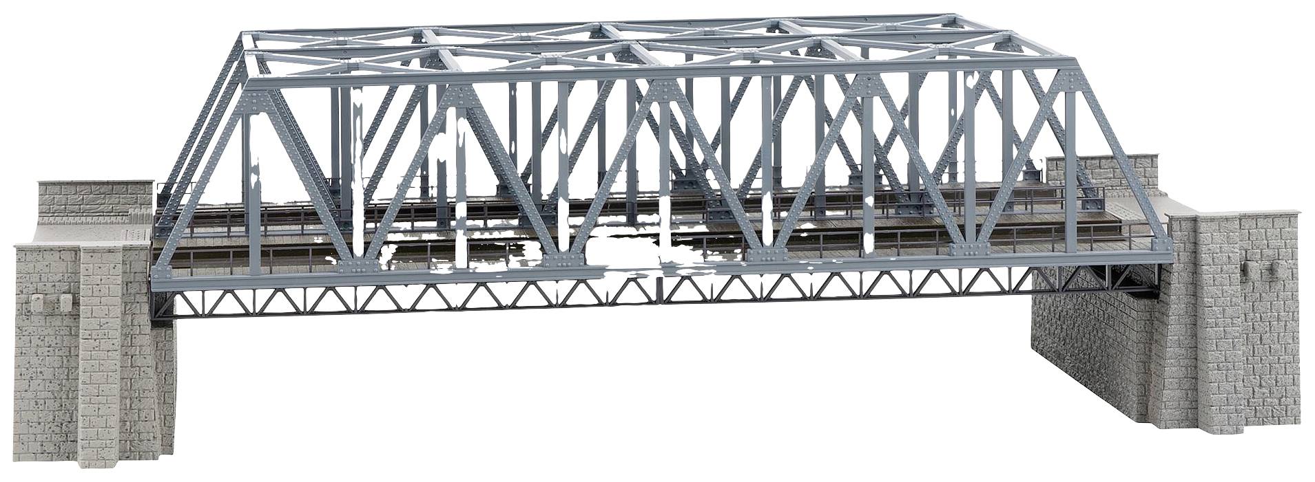 A steel truss bridge with two traffic lanes, supported by substantial stone structures at both ends.