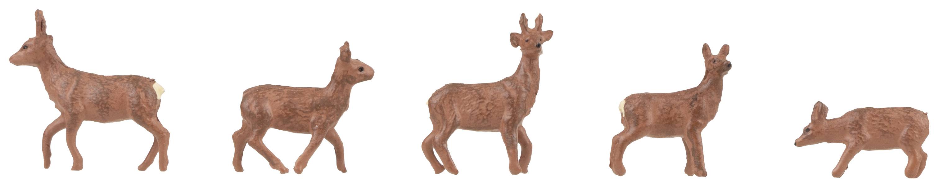 Five brown clay figurines of deer in various positions, arranged side by side.