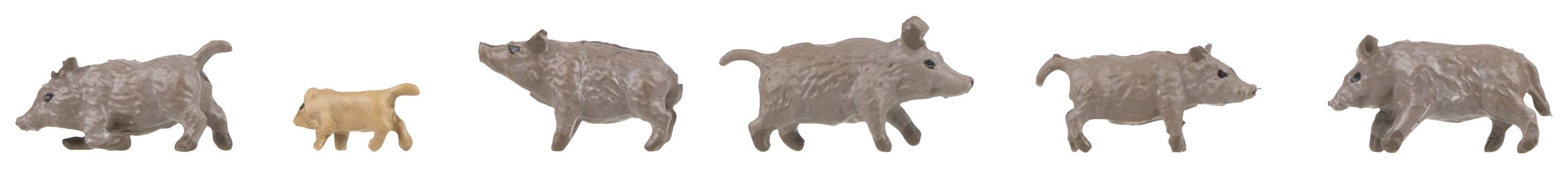 A row of six toy figures representing wild boars, ranging in size from small to large.