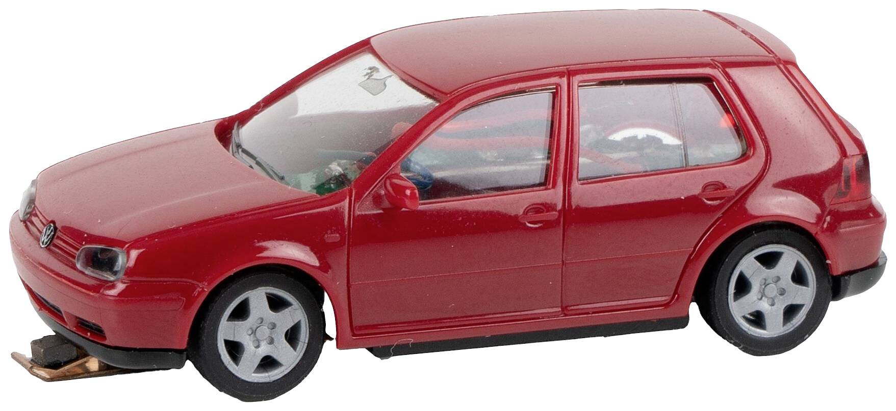 Red model car of a VW Golf, side view, to scale.