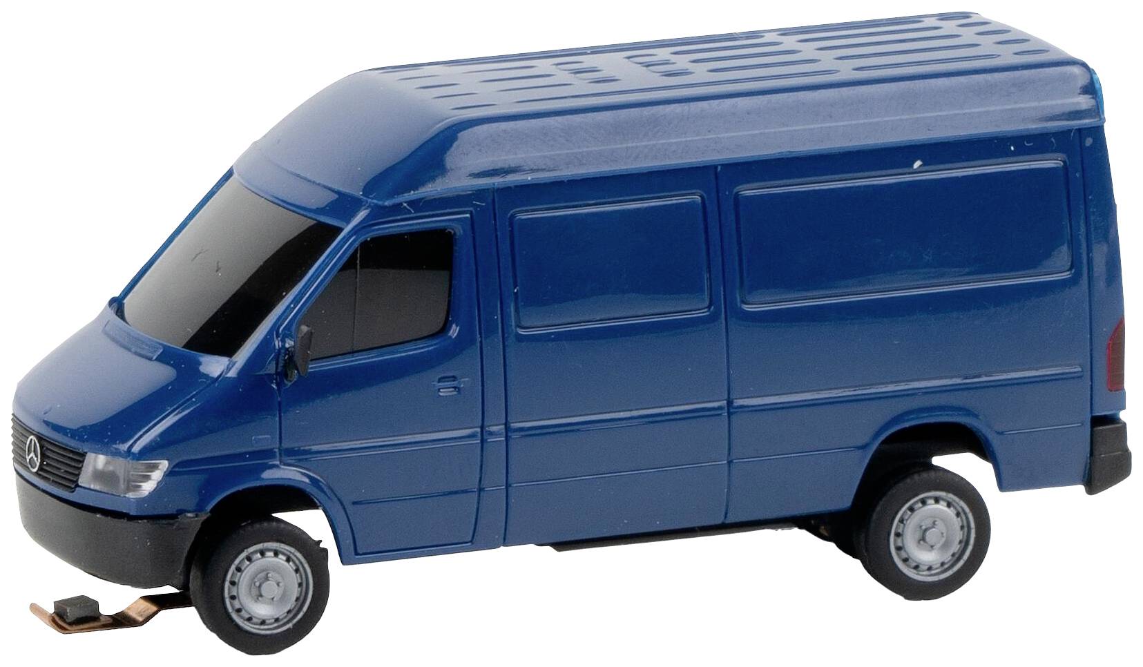 Blue model of a delivery van with a closed box body. The wheels are black with silver rims.