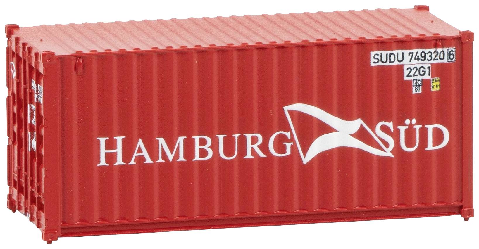 A red freight container with the inscription 'Hamburg Süd' and a serial number on its side.