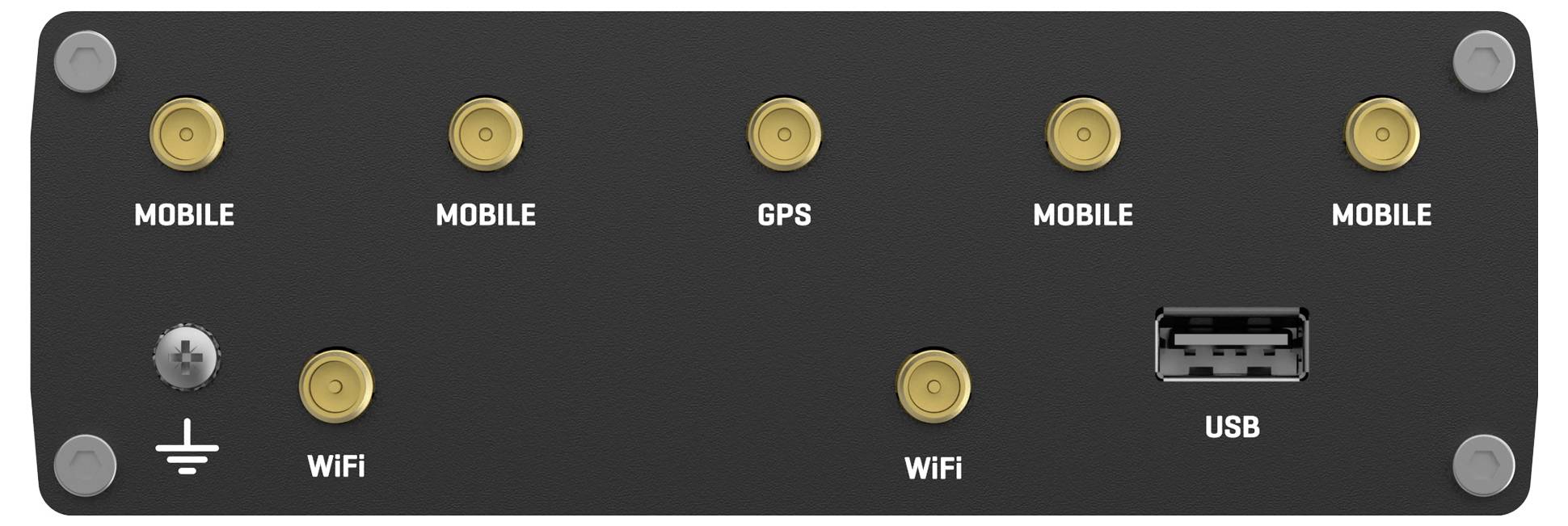 Black electronic device panel with five gold connectors labeled 'MOBILE' and 'GPS', plus 'WiFi' ports, a grounding symbol, and a USB port.