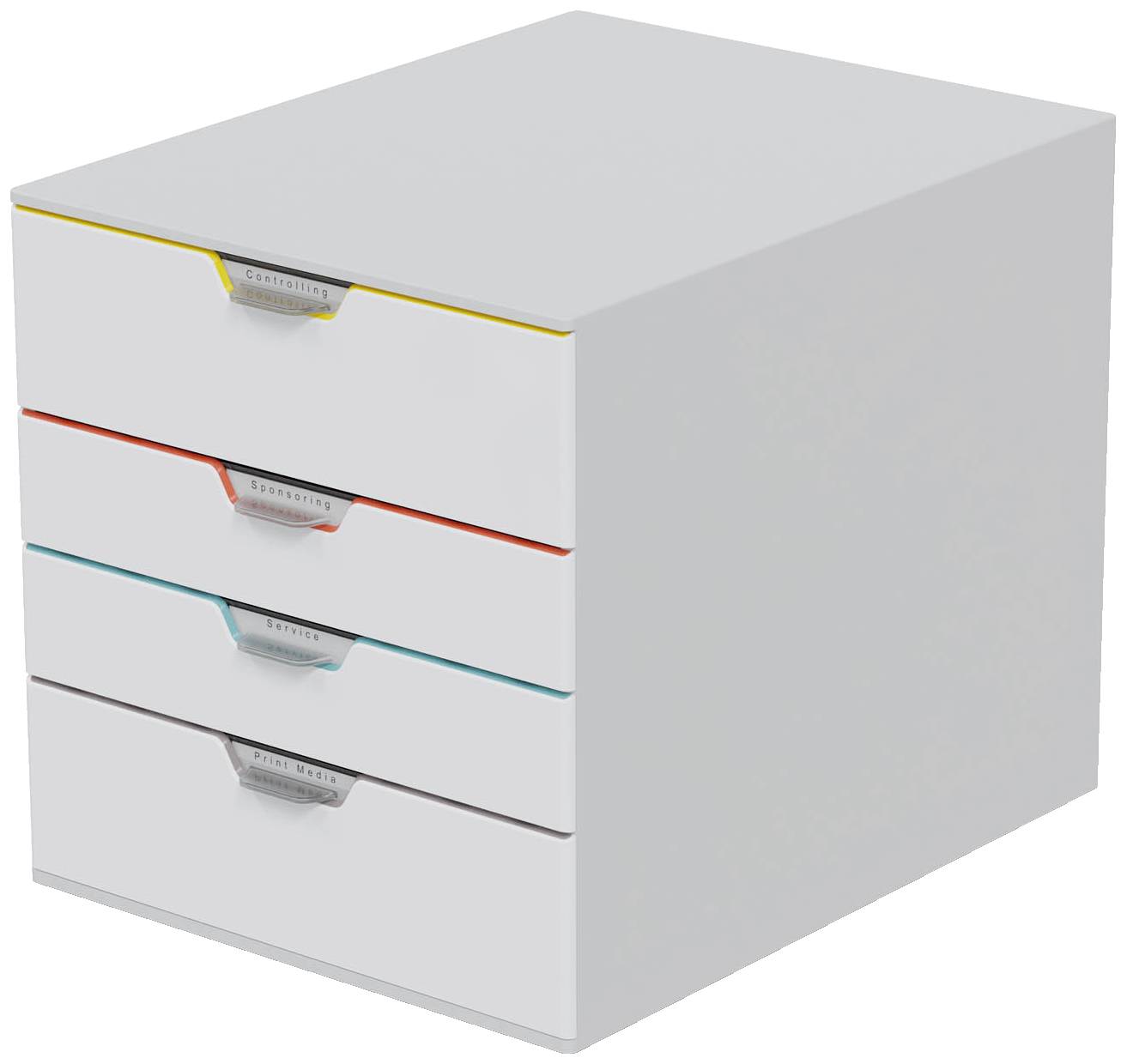 A grey drawer system with four colour-coded handles: yellow, red, blue, and green.