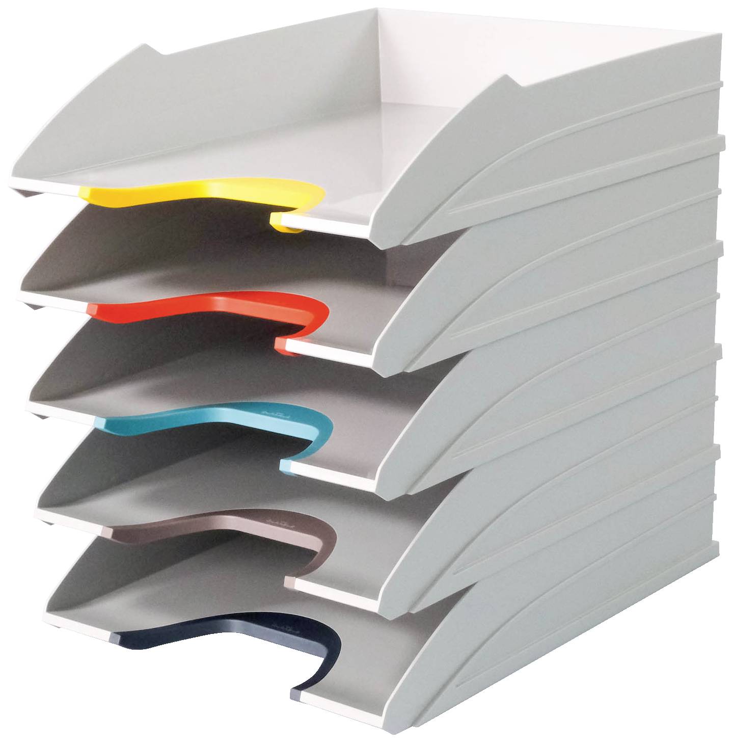 A stack of six filing trays in different colours: yellow, red, blue, grey, black. They are stacked on top of each other.