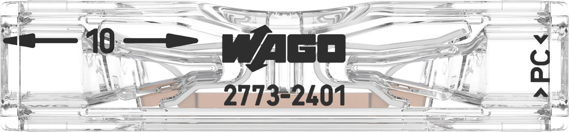A transparent WAGO box terminal connector with the marking '2773-2401', suitable for cables up to 10 A, with a polycarbonate housing material.