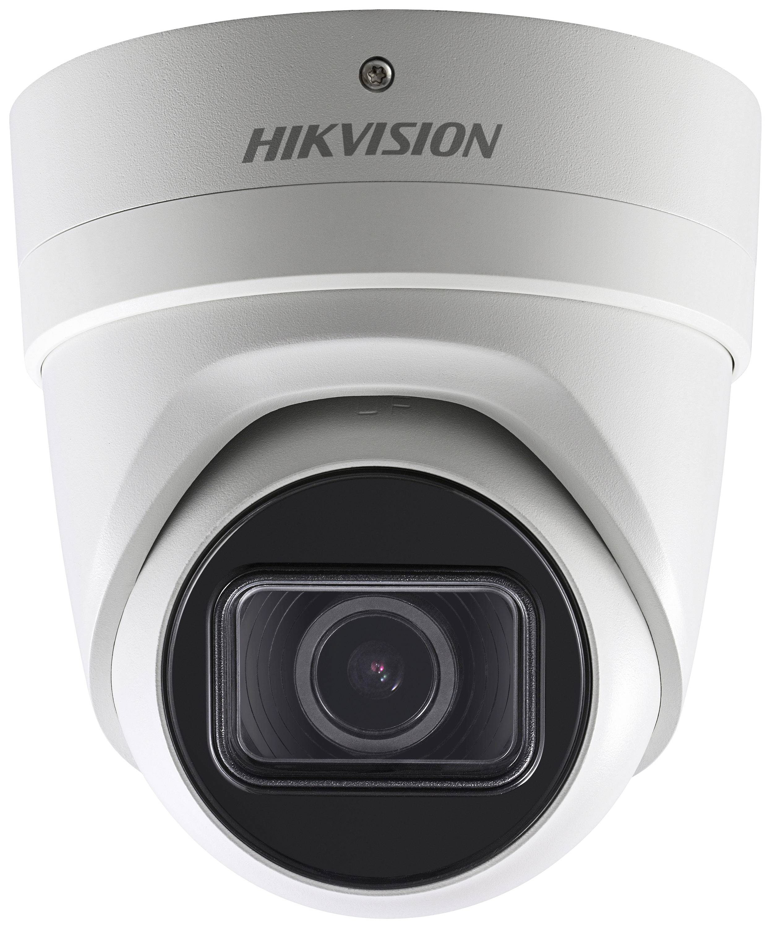 White surveillance camera with black lens, by Hikvision brand, for security and monitoring in indoor and outdoor spaces.