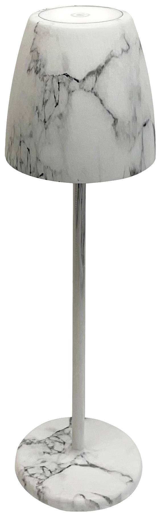 Floor lamp with marble effect, slender stem, round base.