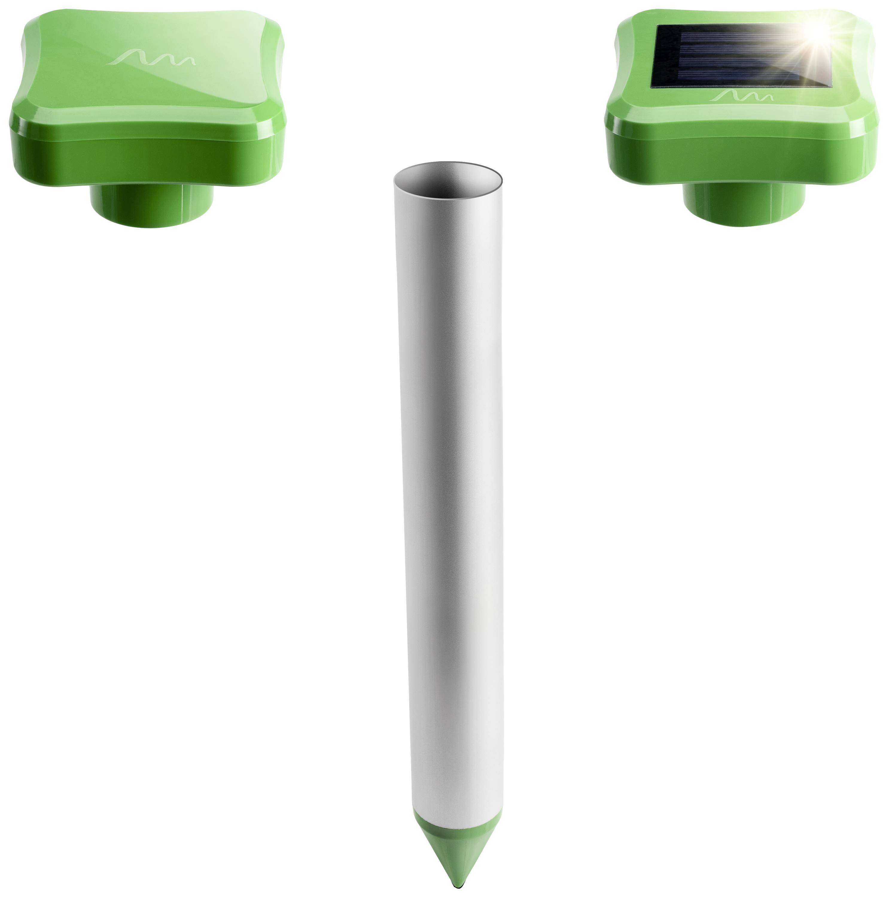 The image depicts a green garden device with a solar panel on top and a pointed metal probe at the bottom, which measures water conditions.