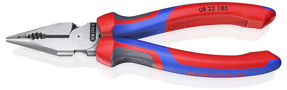 A combination pliers with red handles and blue rubber gripping. It has a gripping and cutting surface for versatile use.