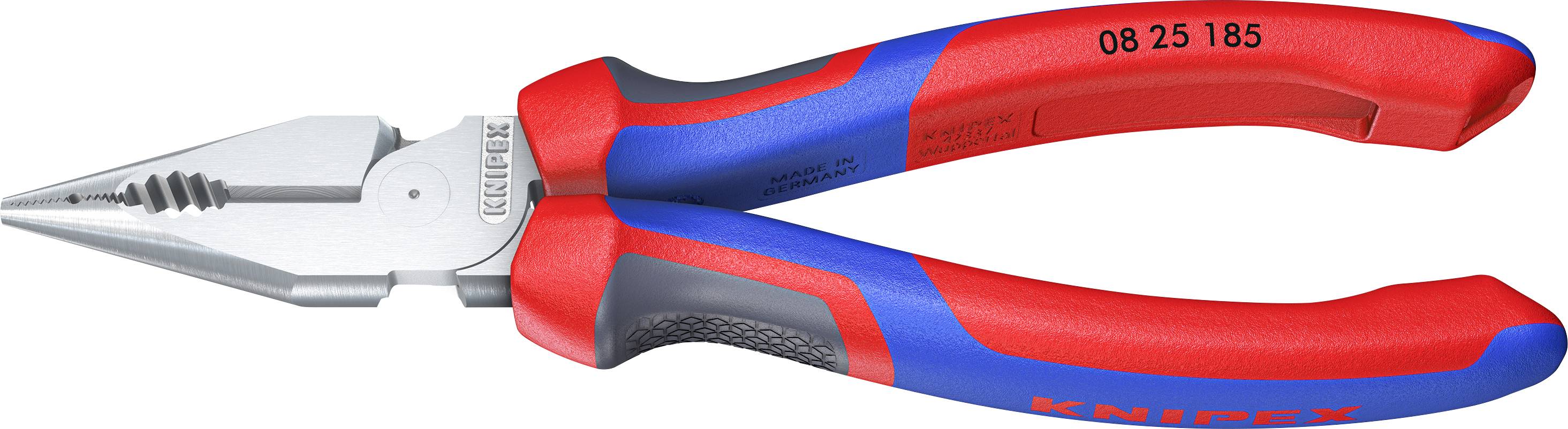 Blue-red combination pliers with insulated handles and serrated jaws. Suitable for gripping and cutting tasks in electrical engineering.