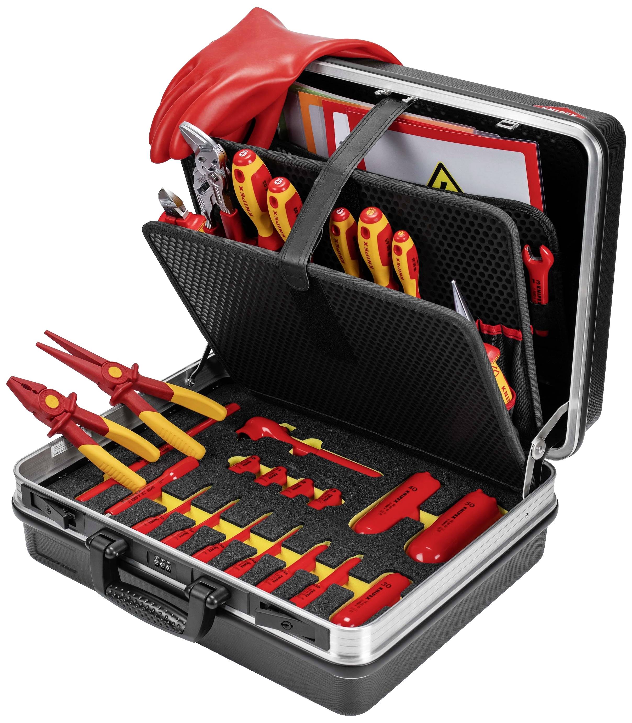 An open toolbox with various red and yellow insulated tools. A pair of red gloves on top.