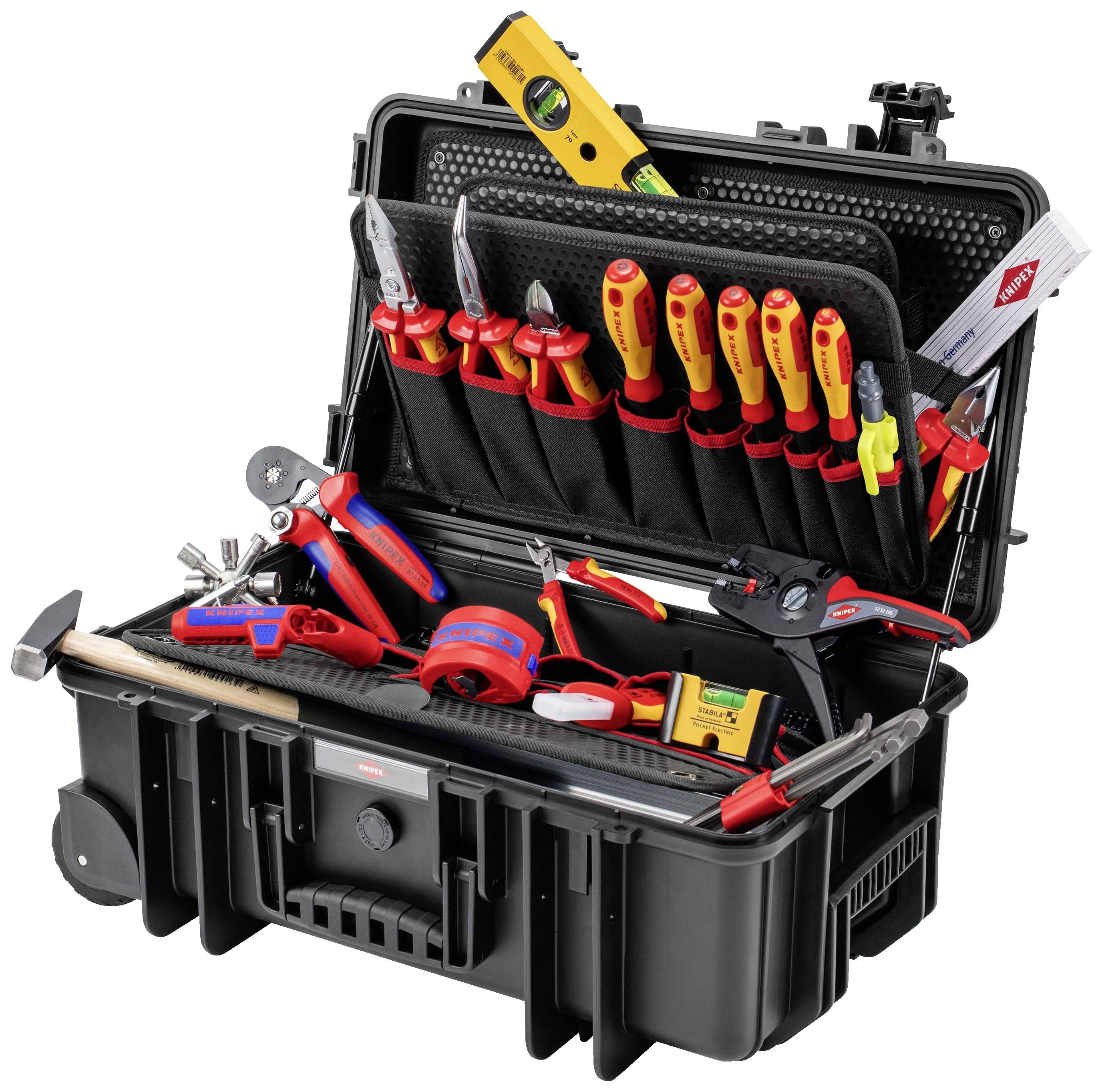 An opened toolbox filled with various hand tools such as screwdrivers, pliers, tape measure and spirit level.