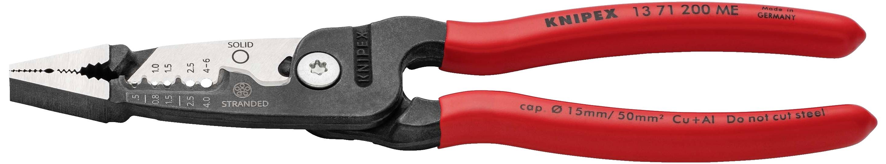 A red combination pliers by Knipex with black handles and various cutting and gripping functions.