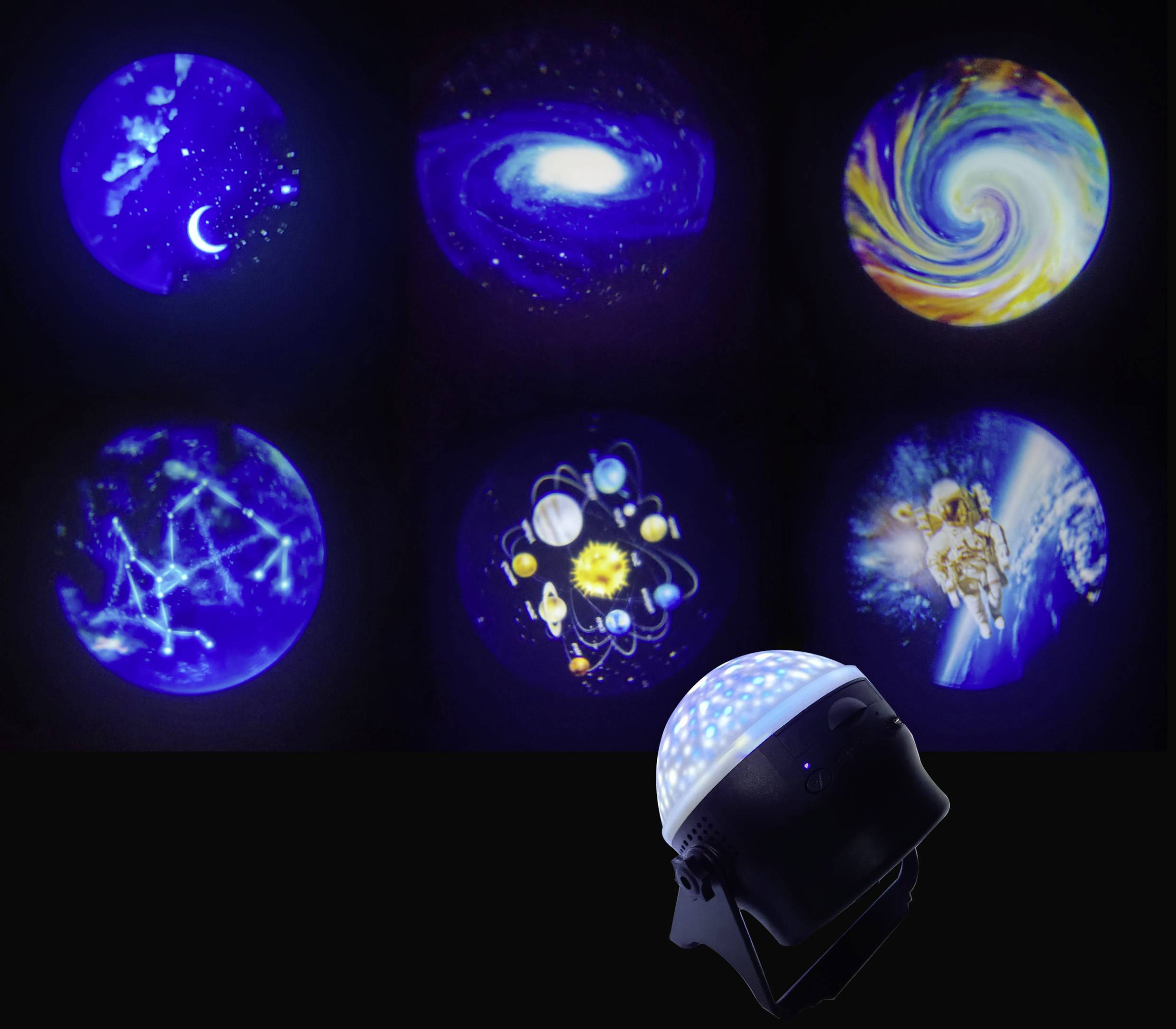 Projector displays various space motifs: Moon, galaxy, swirl, constellations, solar system and astronaut. Harmonious colours.