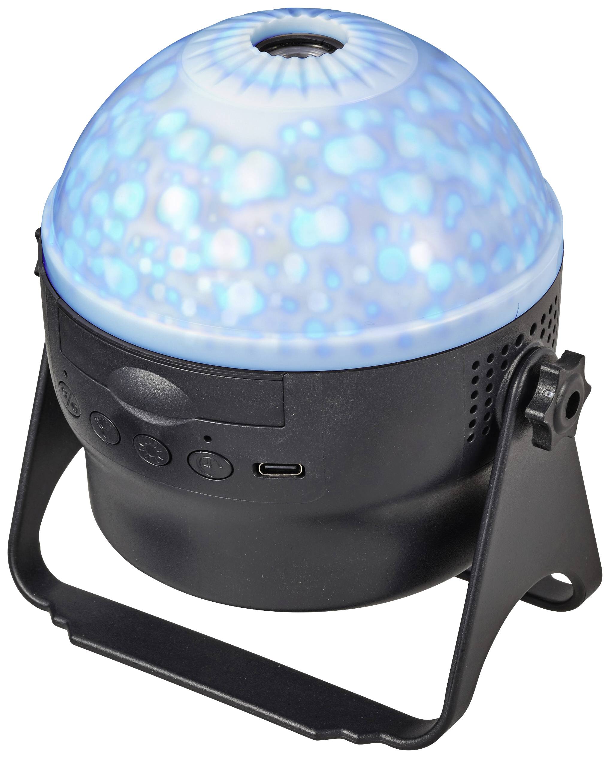 Black LED projector with blue glowing dome on a stand. Includes control buttons and USB port.