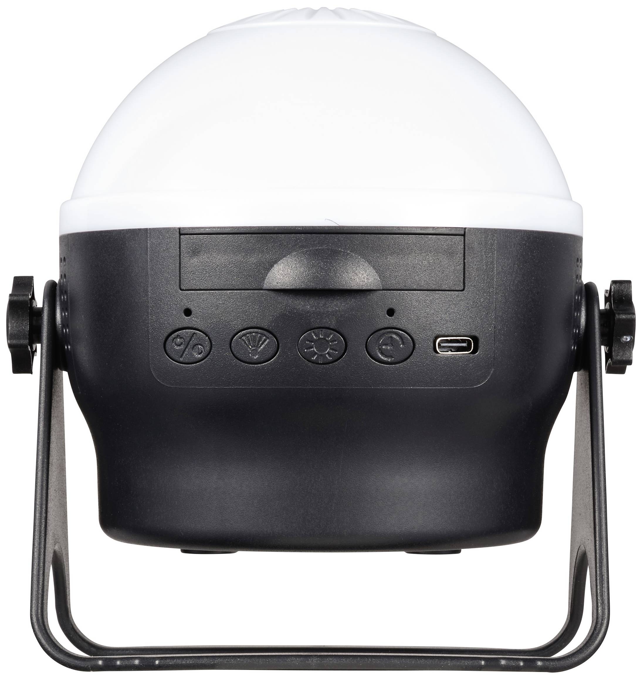 Black and white portable lamp with a round shade, built-in speaker, control buttons, and a USB port.