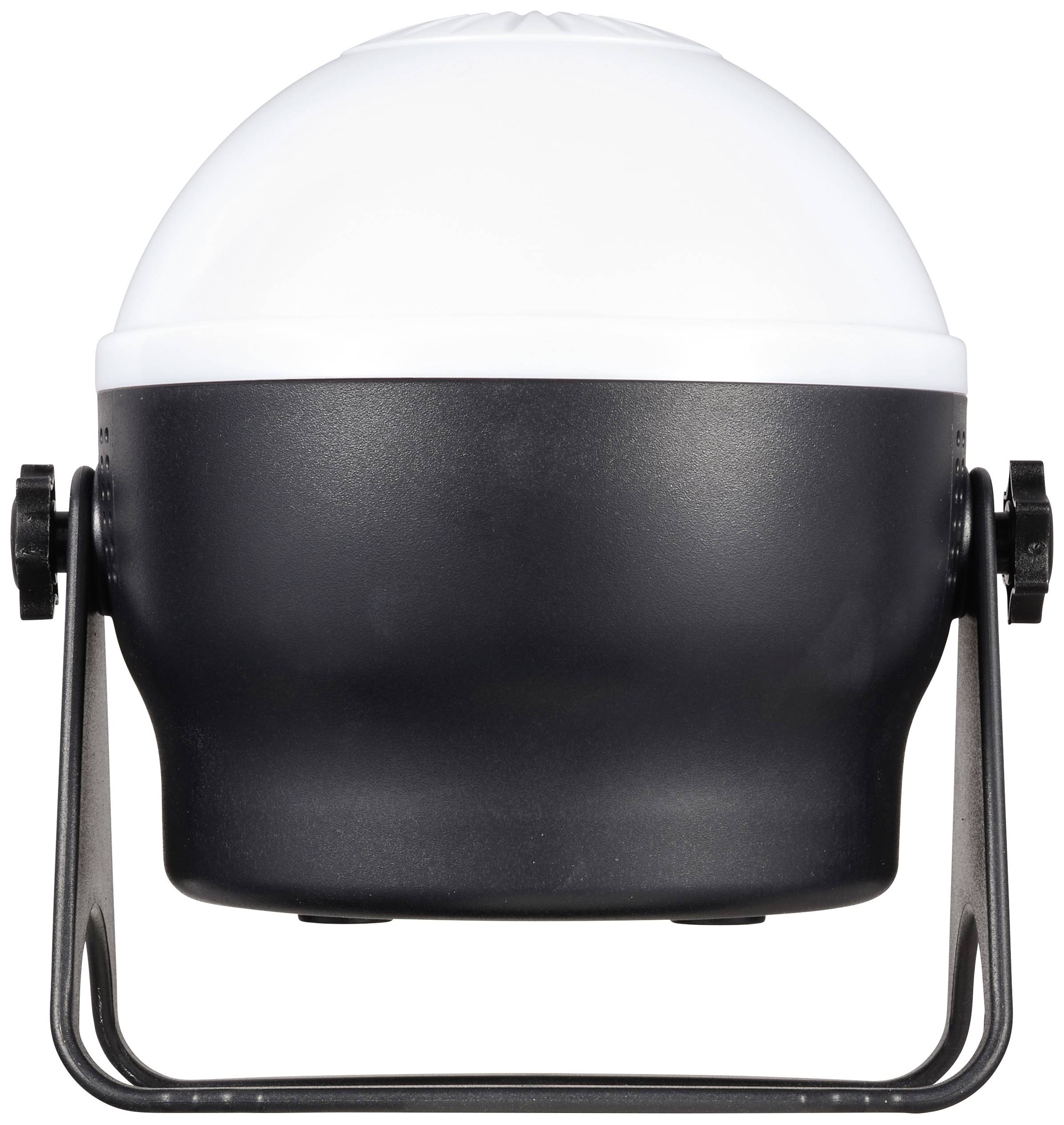 A portable, round black lamp with a handle, perfect for camping or outdoor activities.