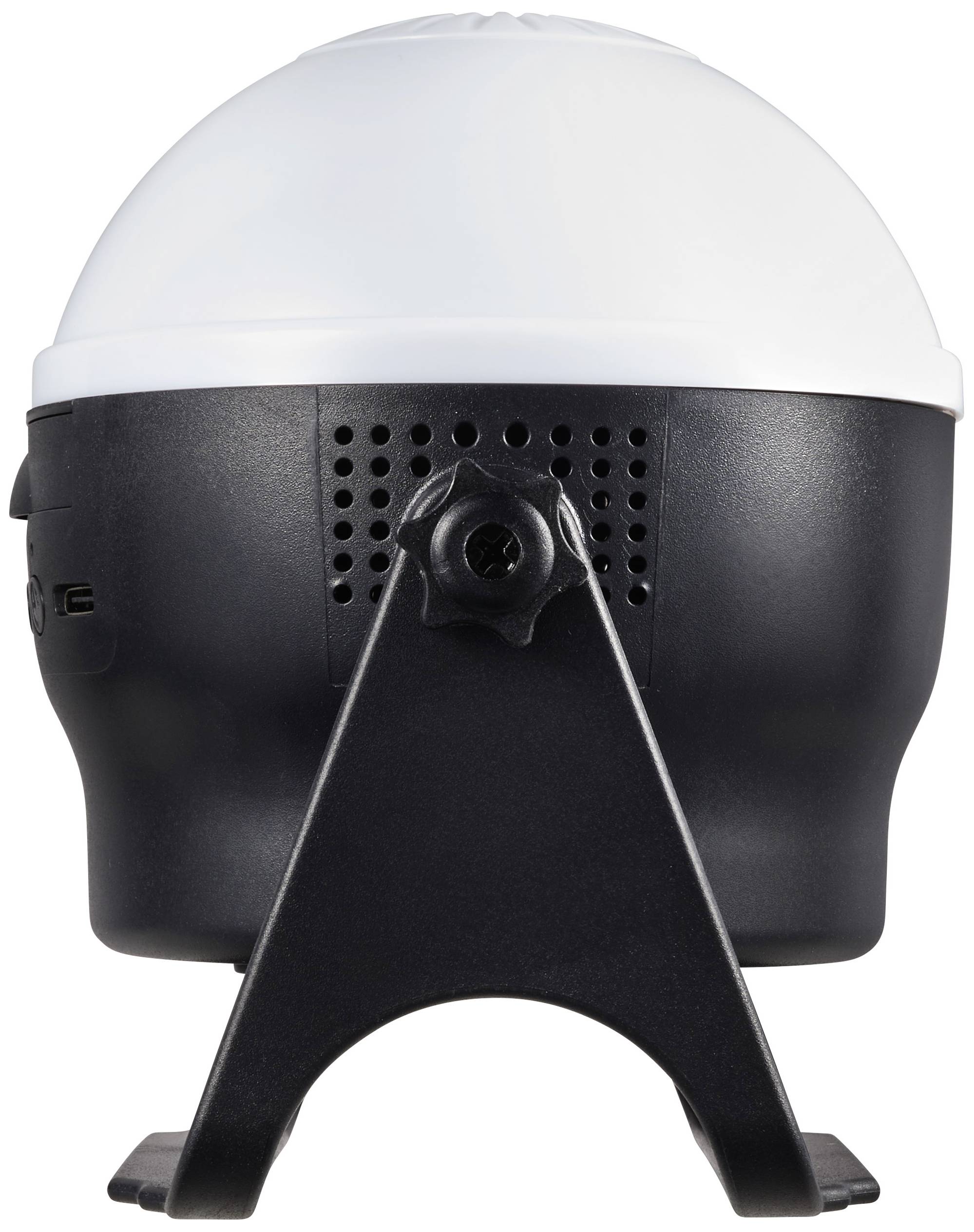 Black projector with white dome, visible frontally on tripod, for light projection in indoor spaces.