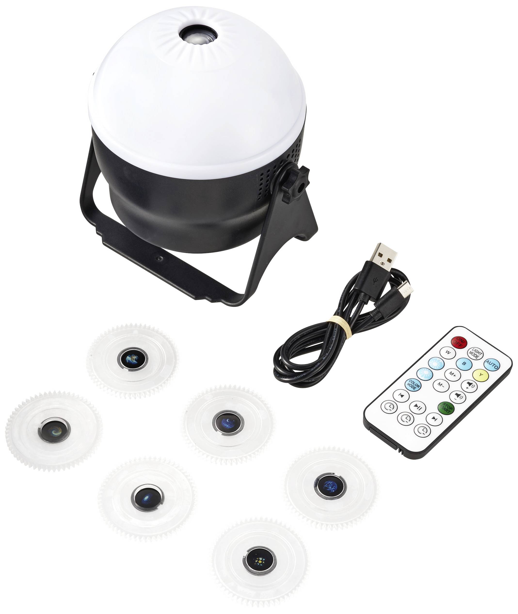 Projector with six interchangeable lenses, remote control and USB cable.