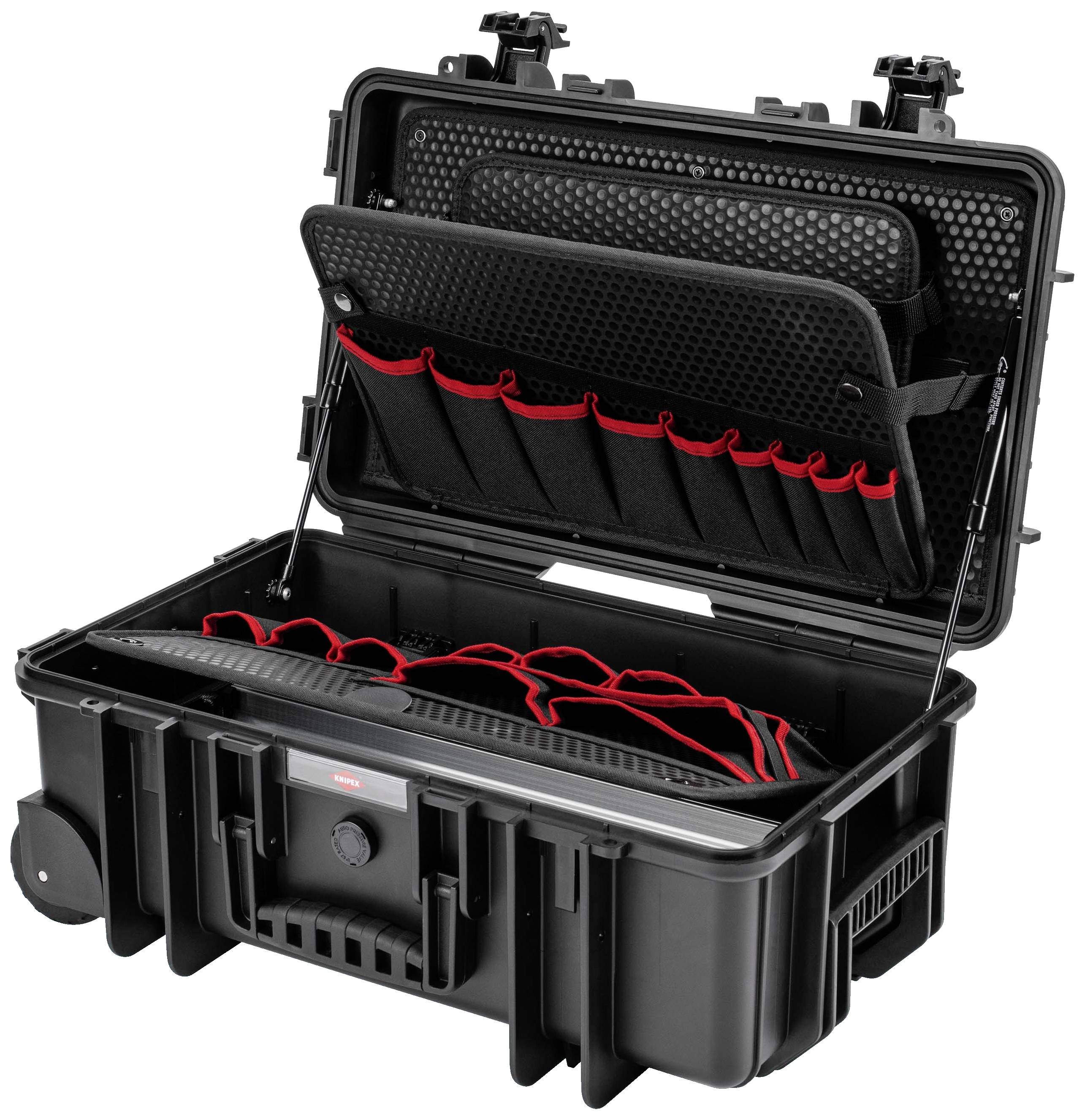 Black, open toolbox with multiple compartments and red protective padding for tools.