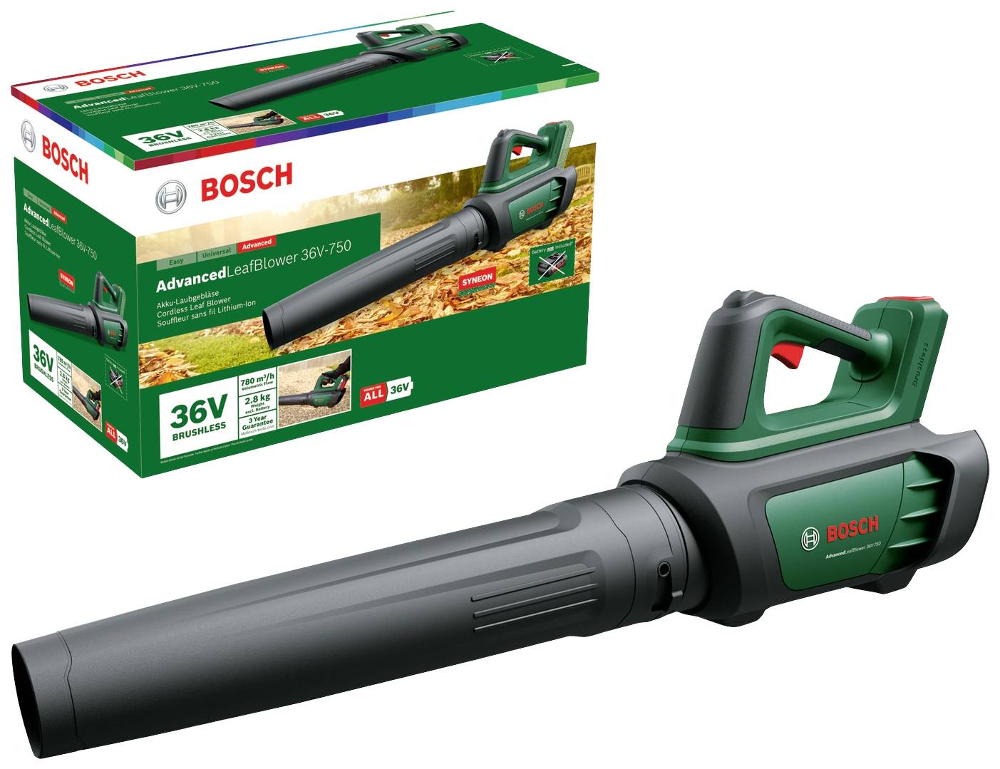 Bosch Cordless Leaf Blower, Model 36V/750. Black and green colour tones with red Bosch logo. Packaged in a colourful cardboard box.